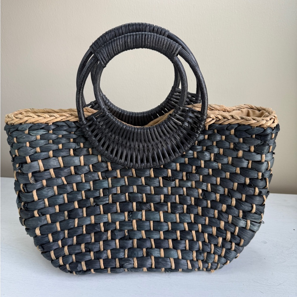 Free People Black and Natural Woven Straw Tote with Round Handles - Picture 3 of 14